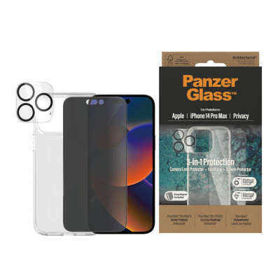   Оригинален комплект за цялостна зашита PanzerGlass Protection Bundle 3in1 за Apple iPhone 14 Pro Max 6.7 UltraWideFit Privacy скрийн протектор, гръб HardCase, протектор за камера